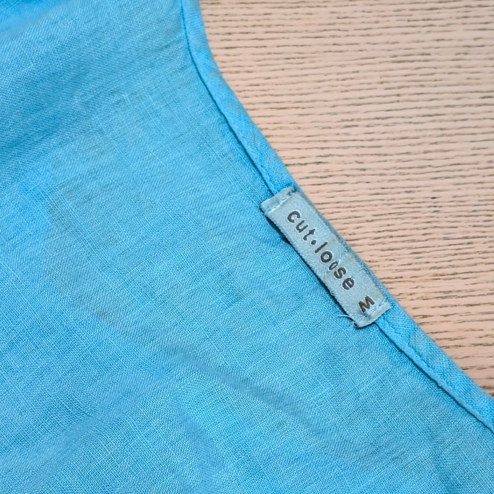 Cut Loose Blue Linen‎ Stripe Patch Dress Sleeveless V-Neck Shift Medium 4200784 - Picture 4 of 5